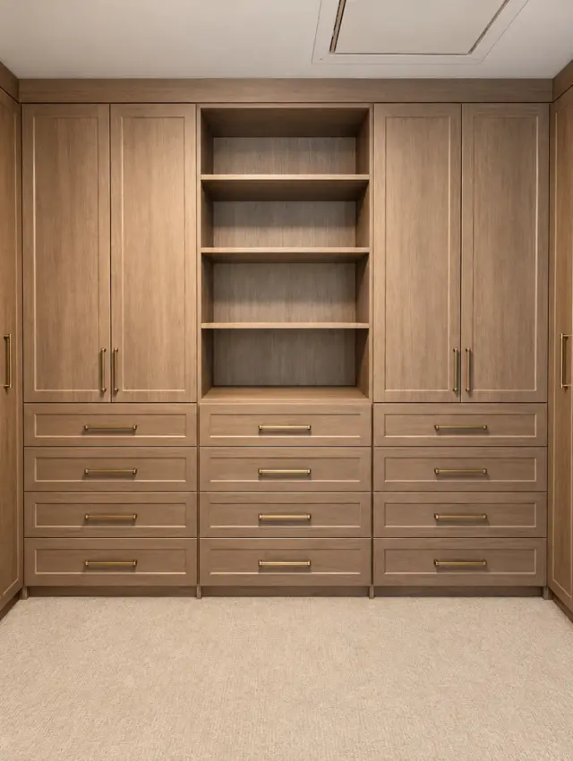 Wood-grain wall of tall cabinets, open shelves and a full drawer bank