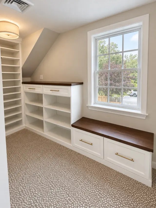 White closet with open shelving and a dark wood bench beneath a window