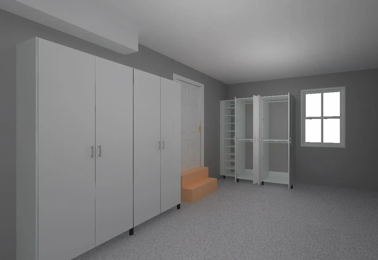 Tall gray cabinets in a garage with a window