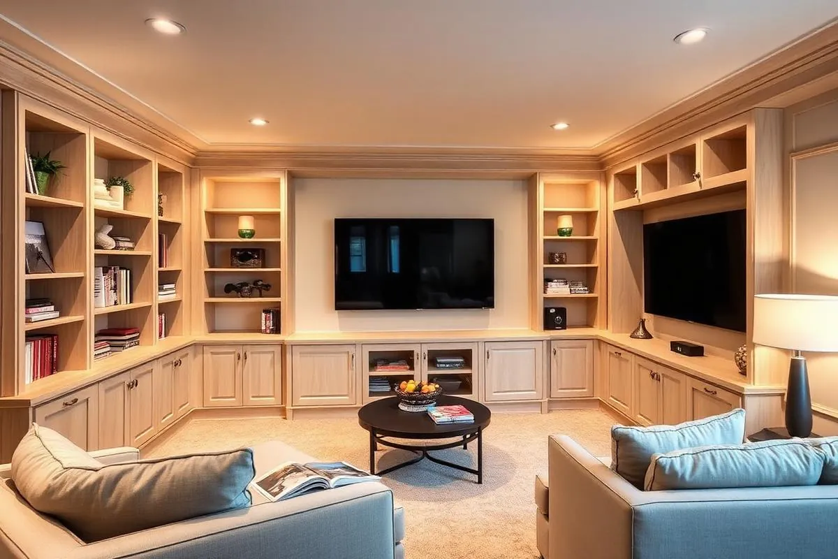 Finished basement with custom built-in shelving and a media wall
