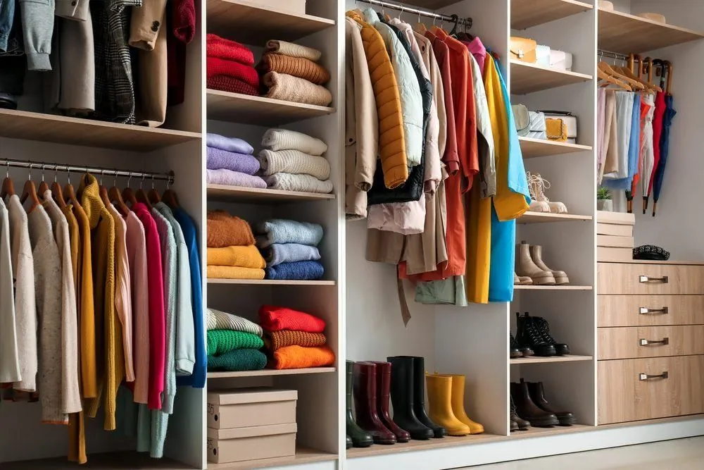 Closet with colorful sweaters and shirts on shelves and hanging, with boots below