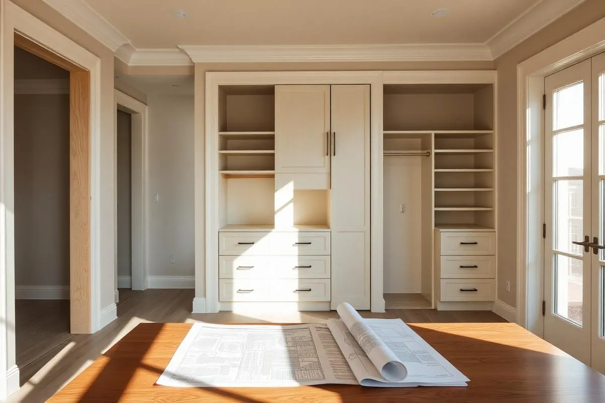 New construction home interior with custom closet millwork and builder plans