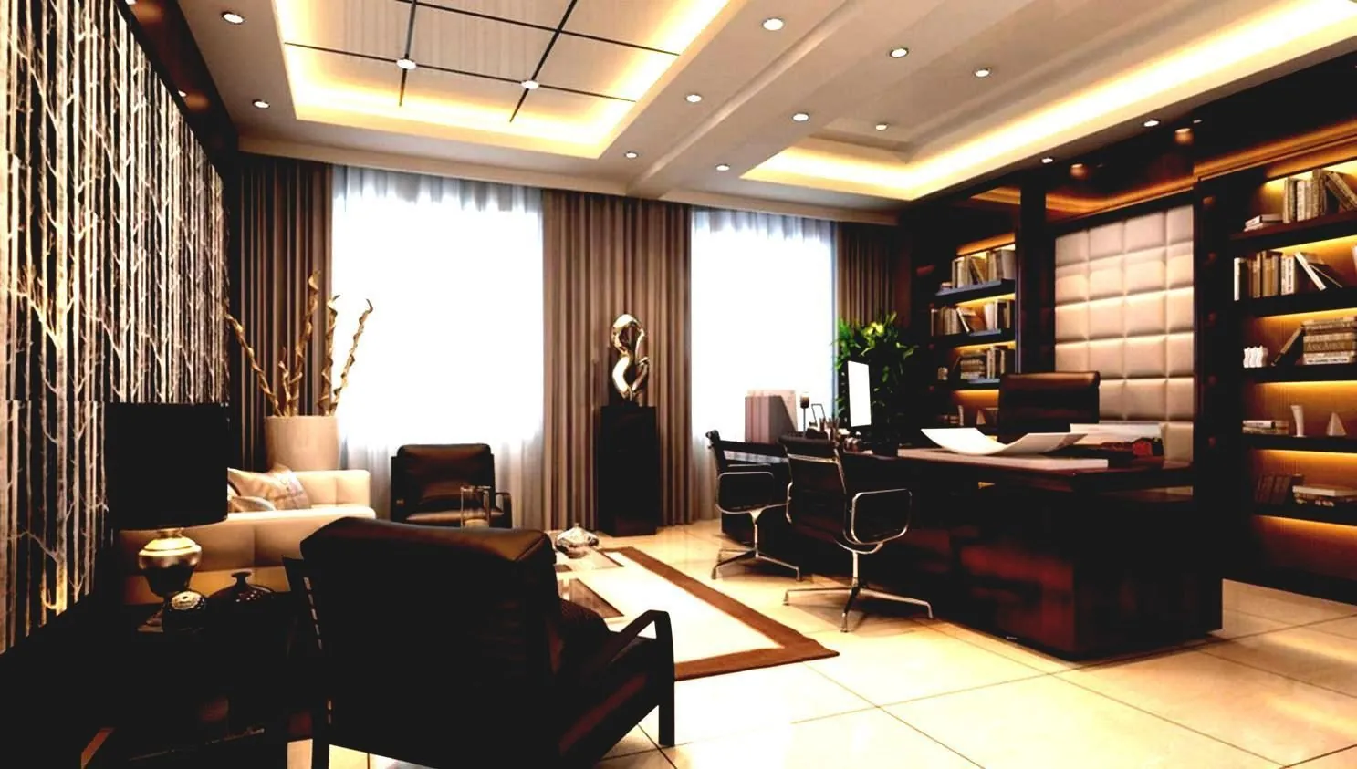 Dark office with lit bookshelves and a desk