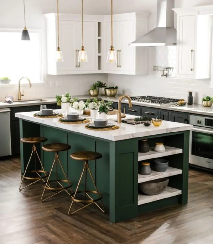 White kitchen with a dark green island with open shelves and stools