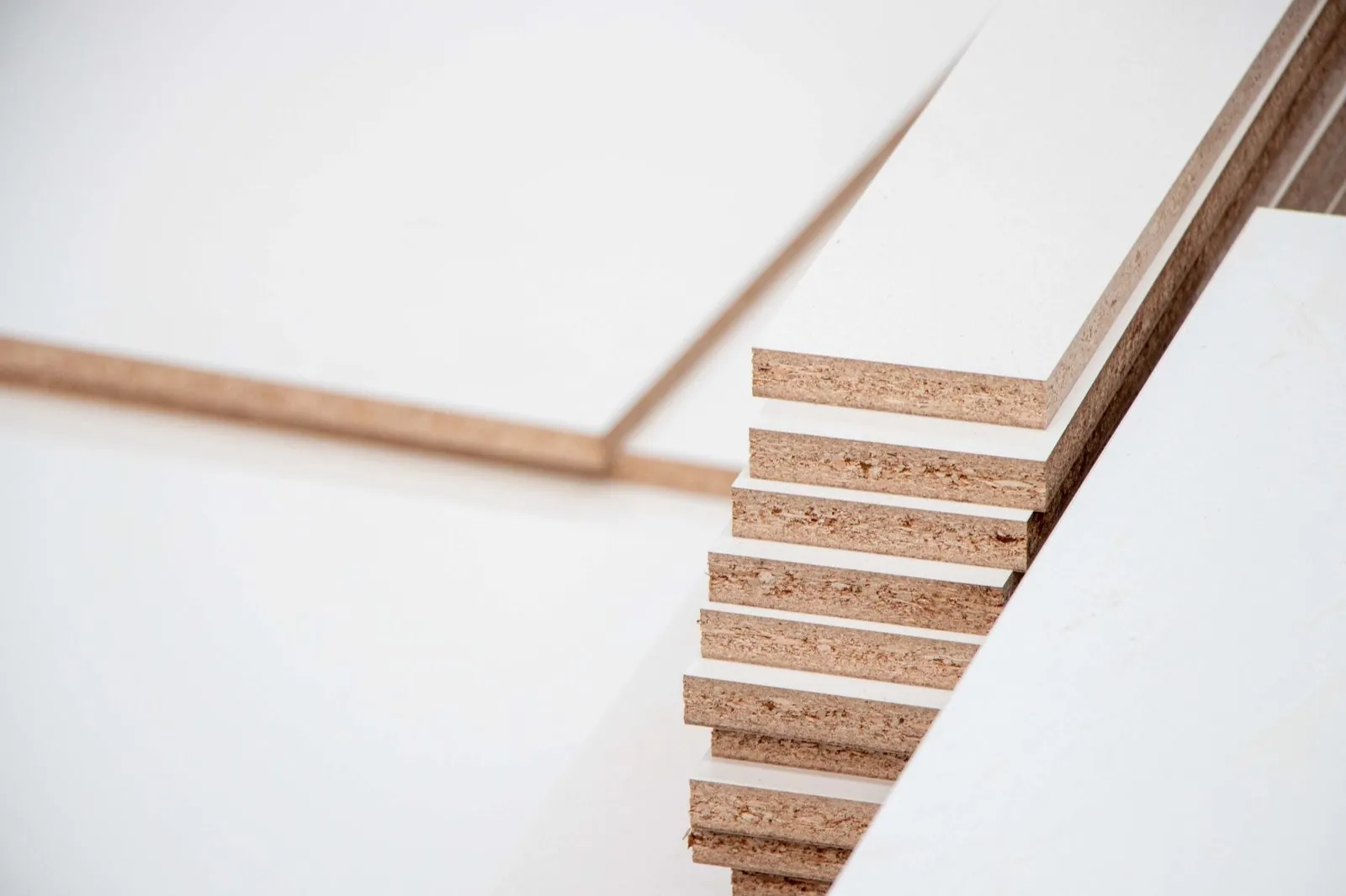 Close-up of a cut cabinet panel edge showing its layered core