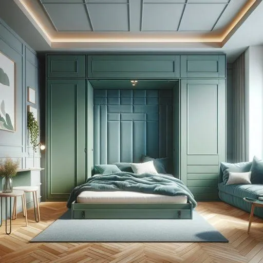Green paneled wall bed built-in with flanking cabinets in a bedroom