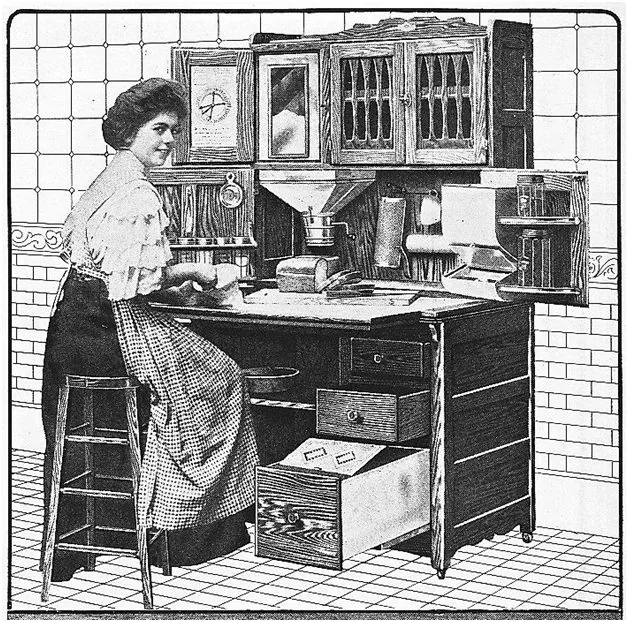 Vintage illustration of a woman at a kitchen cabinet with a work surface