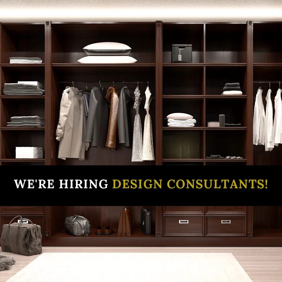 We're hiring design consultants graphic over a dark wood closet