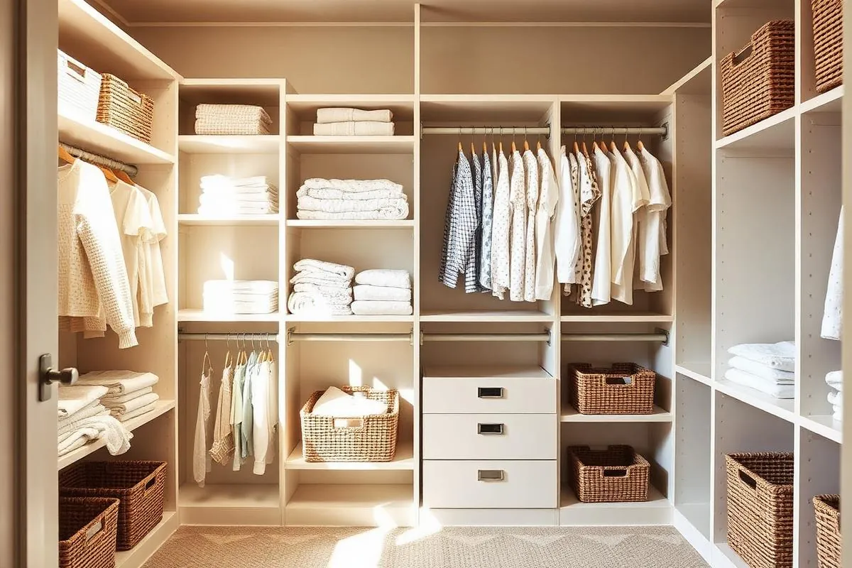 Nursery closet with custom shelving, low hanging rods and woven baskets
