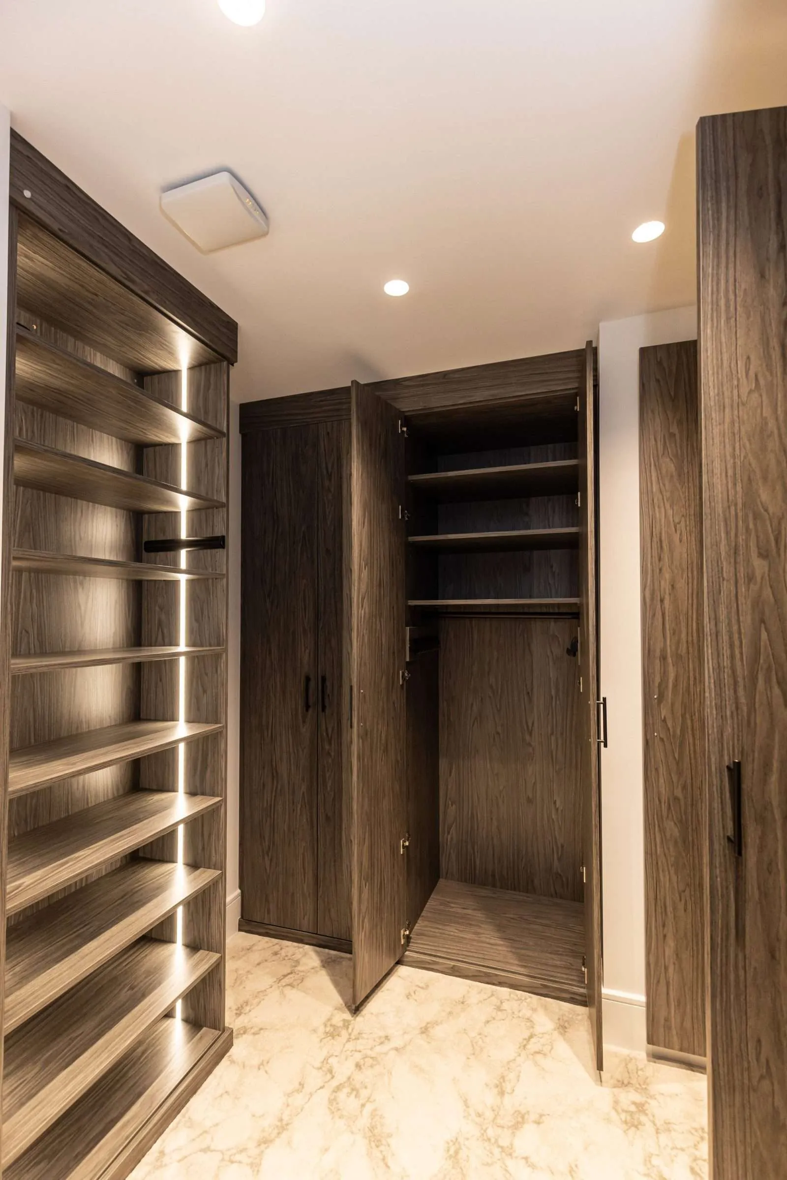 Dark wood-grain closet with shelving and hanging behind a doorway