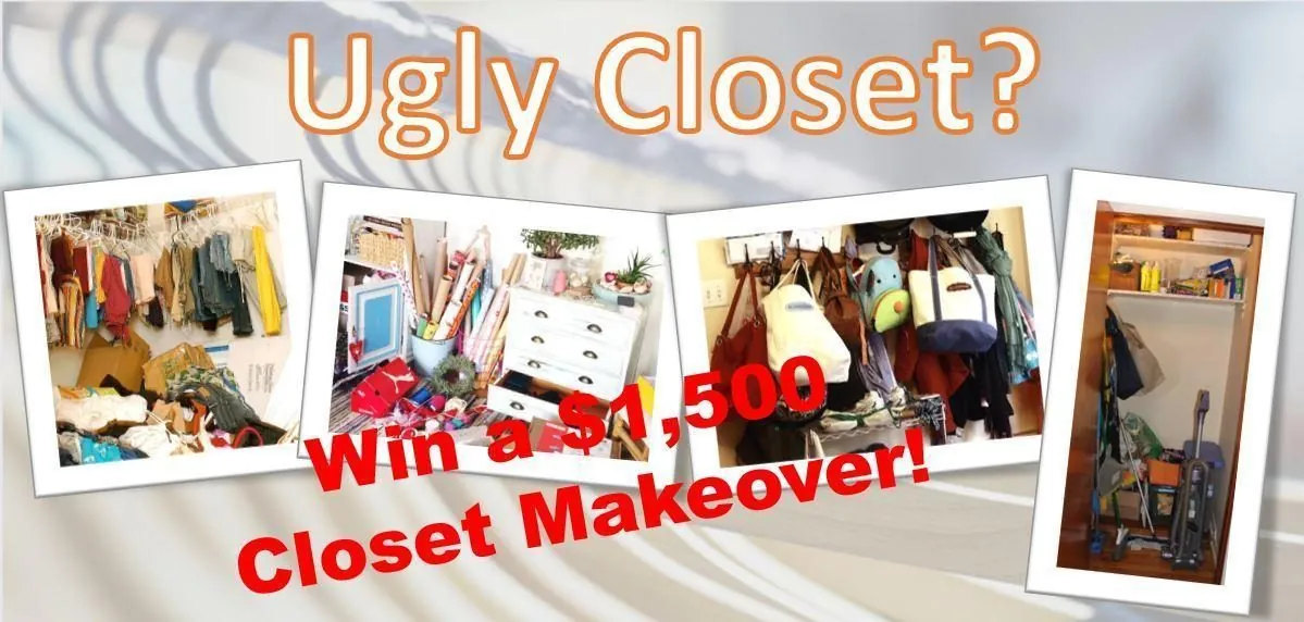 Ugly Closet contest graphic offering a $1,500 closet makeover