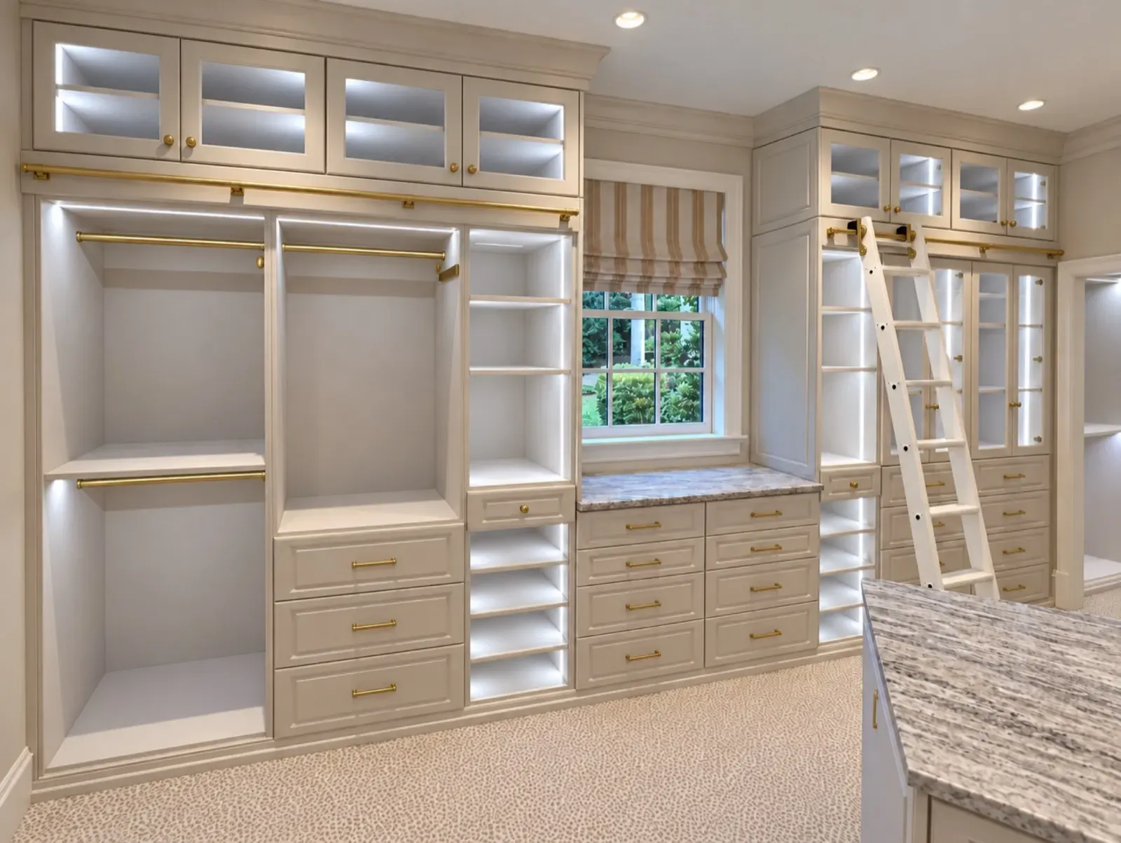 Cream closet with lit glass-front uppers, a window seat and a library ladder