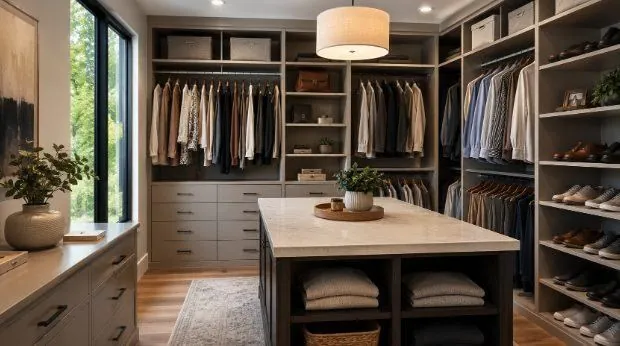 Walk-in closet with an island under a pendant light and shelving with hanging and shoes