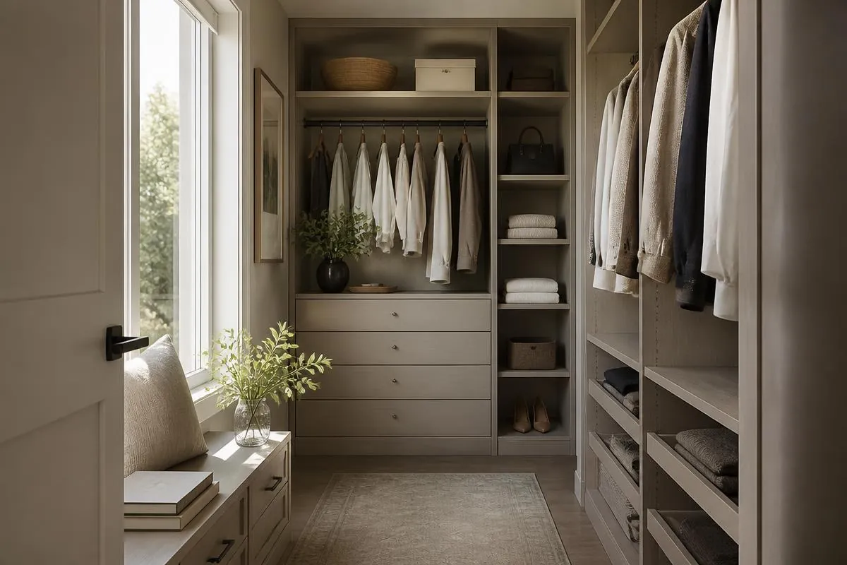 Light wood closet with hanging, open shelves and drawers beside a window