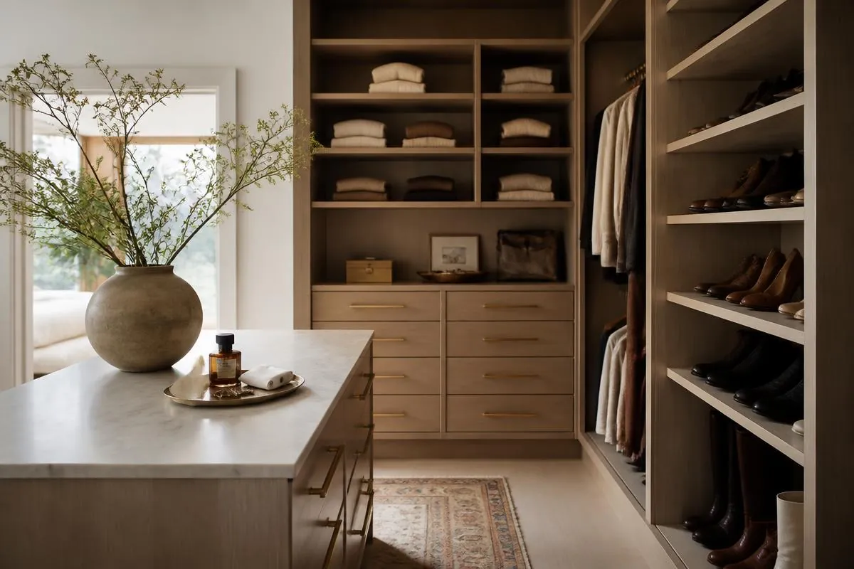 Wood closet with open shelving, hanging and drawers beside a table with a vase