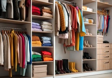 Stylish female closet with properly organized seasonal clothes